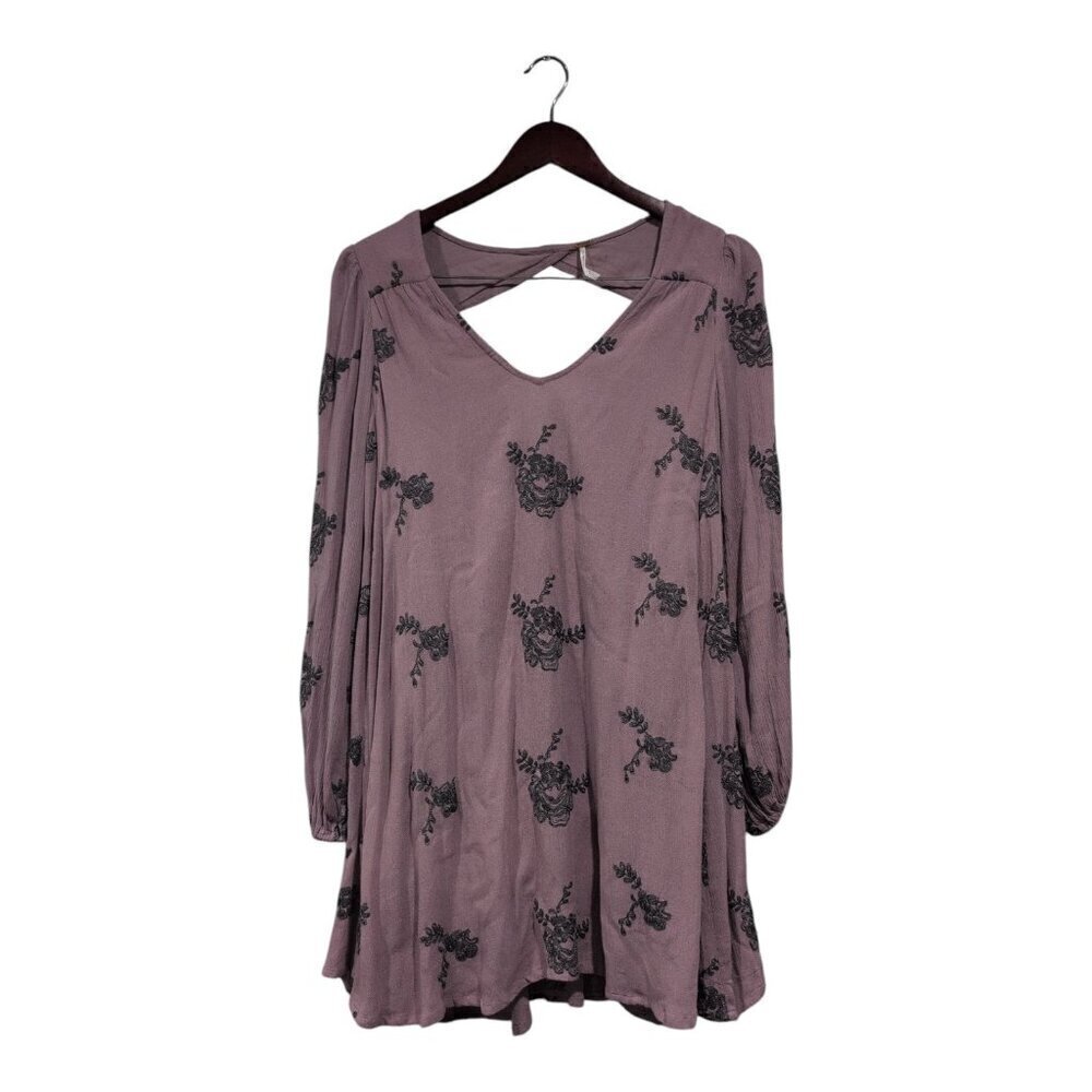 Free People Purple Floral Austin Embroidered Dress Womens Mini Long Sleeve Sz XS
